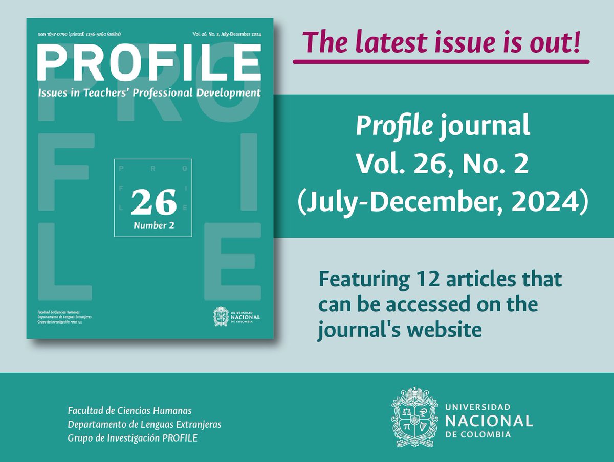 📢 The latest issue of <a href="/PROFILEJournal/">Profile Journal</a> is now available online.

📄Featuring 12 insightful articles that can be accessed on the journal's website:
revistas.unal.edu.co/index.php/prof…

@Humanasunal <a href="/editorial_fch/">Centro Editorial FCH</a> <a href="/editorialUN/">Editorial UNAL</a> <a href="/MelbaLCardenasB/">Melba Libia Cárdenas</a> <a href="/VRIUNAL/">Investigación - Universidad Nacional de Colombia</a>