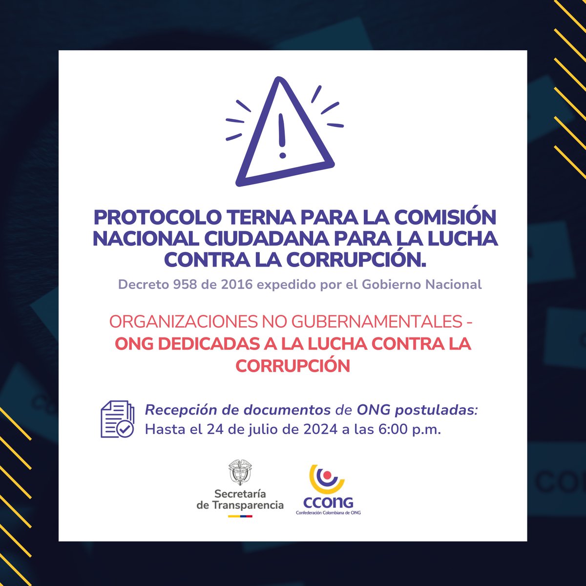 La <a href="/CCONGcolombia/">CCONG</a> invita a las Organizaciones No Gubernamentales dedicadas a la lucha contra la corrupción a postularse para conformar la terna de representantes en la Comisión Nacional Ciudadana para la Lucha contra la Corrupción.

Conoce los requisitos 👉acortar.link/HMo0Vd