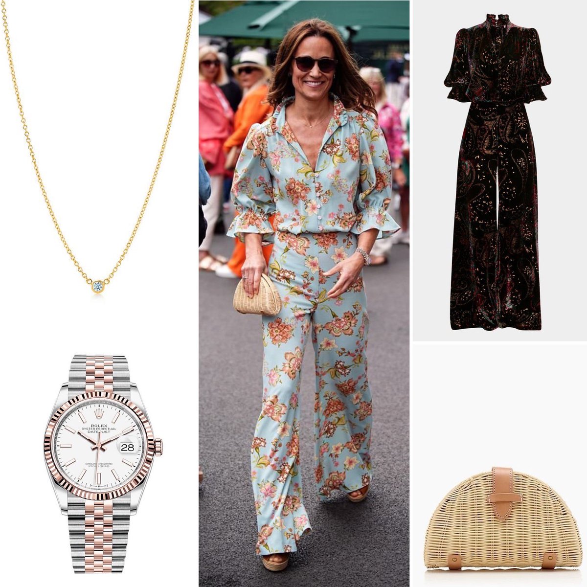 KateMCambridge's tweet photo. Pippa Middleton Matthews attended today Wimbledon match. She wore:
- Claire Mischevani Mimi jumpsuit
- @TiffanyAndCo pendant
- hoop earrings
- @ROLEX watch
- @jcrew clutch bag
- some espadrille sandals
#pippamiddleton #pippamiddletonstyle https://t.co/I3Ip4mf7Q7