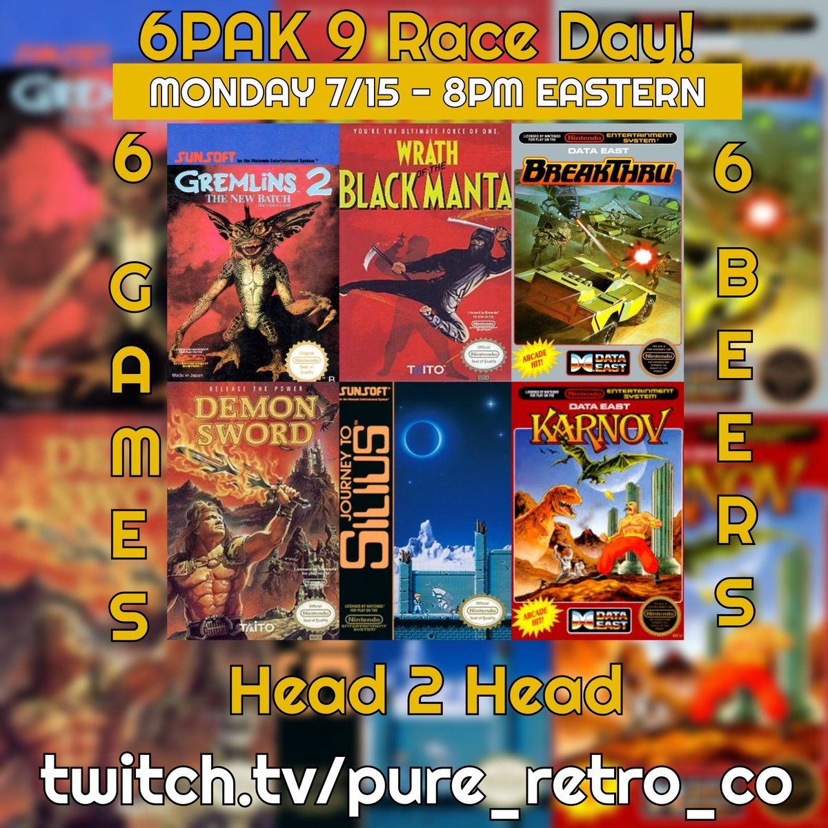 PureRetroCO1's tweet photo. The final countdown!
Next Monday night is 6PAK race #9! We will be starting an hour early at 8PM eastern
https://t.co/N1gxetuL0J
#gremlins #wrathoftheblackmanta #breakthru #demonsword #journeytosilius #karnov #nes #6pak #twitch #SupportSmallStreamers https://t.co/jECQJXlTRR