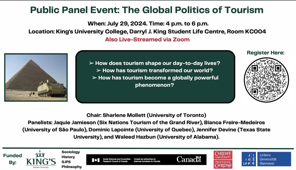 Elisa Wynne-Hughes (@dr_ewh) on Twitter photo Really looking forward to this public event as part of our workshop on '(Re)Theorising Touristic Governance' (Co-organised with @SBecklake and <a href="/lozanski11/">Kristin Lozanski</a>). Please do join if you are in/near London (Ontario). It will also be live-streamed! Use the QR code to register. Really looking forward to this public event as part of our workshop on '(Re)Theorising Touristic Governance' (Co-organised with @SBecklake and <a href="/lozanski11/">Kristin Lozanski</a>). Please do join if you are in/near London (Ontario). It will also be live-streamed! Use the QR code to register.