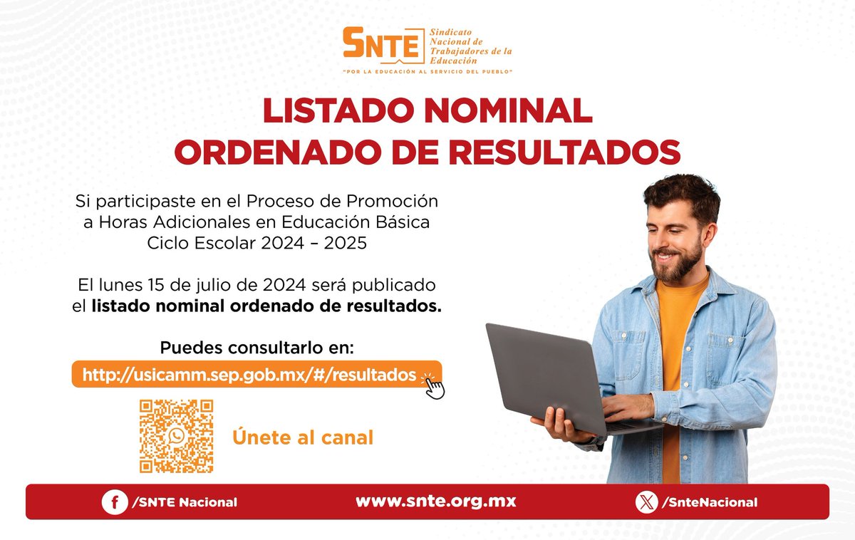 RaulEspinozaAlo's tweet photo. 📢 ¡Atención! 

👨🏻‍🏫👩🏻‍🏫El próximo #15deJulio 🗓️se publica el 𝐥𝐢𝐬𝐭𝐚𝐝𝐨 𝐧𝐨𝐦𝐢𝐧𝐚𝐥 𝐨𝐫𝐝𝐞𝐧𝐚𝐝𝐨 𝐝𝐞 𝐫𝐞𝐬𝐮𝐥𝐭𝐚𝐝𝐨𝐬, como respuesta al Proceso de Promoción a Horas Adicionales en Educación Básica. Ciclo Escolar 2024-2025 
Consulta en: https://t.co/xATsnALdFJ https://t.co/qSOEmxPtqy