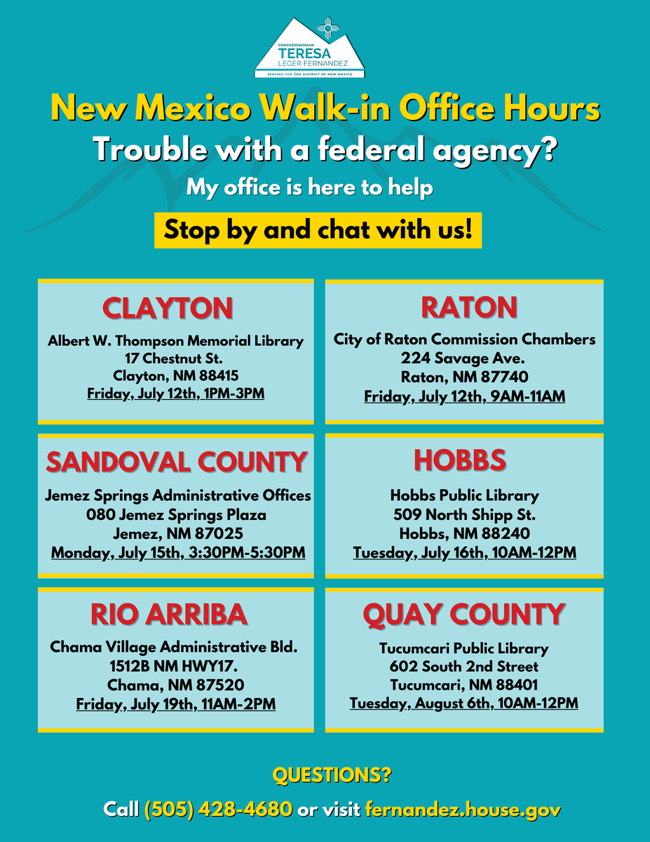 RepTeresaLF's tweet photo. My team will be hosting mobile office hours across rural New Mexico in the coming weeks. 

Stop by and chat with #TeamTLF! https://t.co/tOhbX1awbh