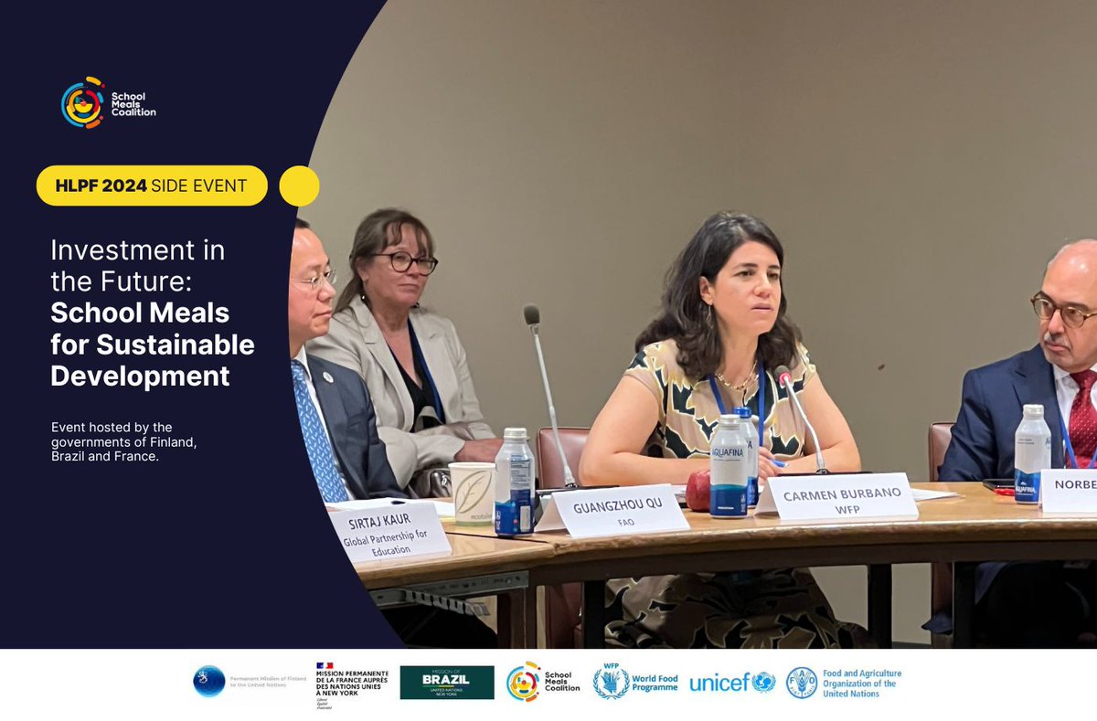 <a href="/FinlandUN/">Finland's Mission to the UN 🇫🇮🇺🇳</a> <a href="/Brazil_UN_NY/">Brazil Mission to the UN</a> <a href="/franceonu/">La France à l'ONU 🇫🇷🇺🇳</a> <a href="/WorldVisionUN/">WorldVisionUN</a> <a href="/GPforEducation/">Global Partnership for Education</a> 🎙️ Carmen Burbano, Director of School Meals and Social Protection Service, <a href="/WFP/">World Food Programme</a> and Director of the <a href="/SchoolMeals_/">School Meals Coalition</a> Coalition Secretariat:

"In today's fragmented world, #SchoolMeals provide a rare, unifying priority for 98 countries, including leaders like President