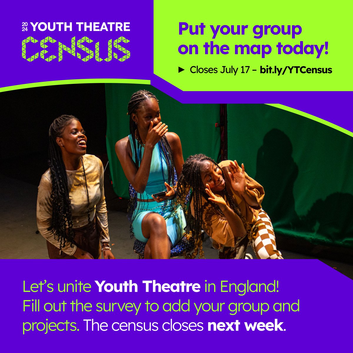 ❗️REMINDER❗️

There is less than a week to  fill out the survey!  Youth Theatre Census is a UNIQUE opportunity to capture our sector. 

The wider we reach, the more we can advocate for them bit.ly/YTCensus