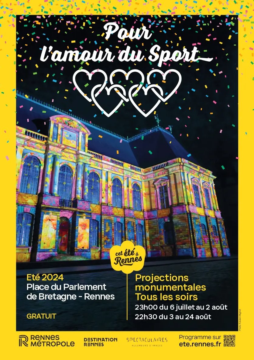 Comme chaque soir d'été, beaucoup de monde à #Rennes, pour voir le Parlement de Bretagne s’illuminer d'un spectacle de lumières !

Cette saison, immersion dans « l’amour du sport », en clin d’œil aux Jeux Olympiques de Paris 2024. Un rdv gratuit à retrouver tous les soirs.
