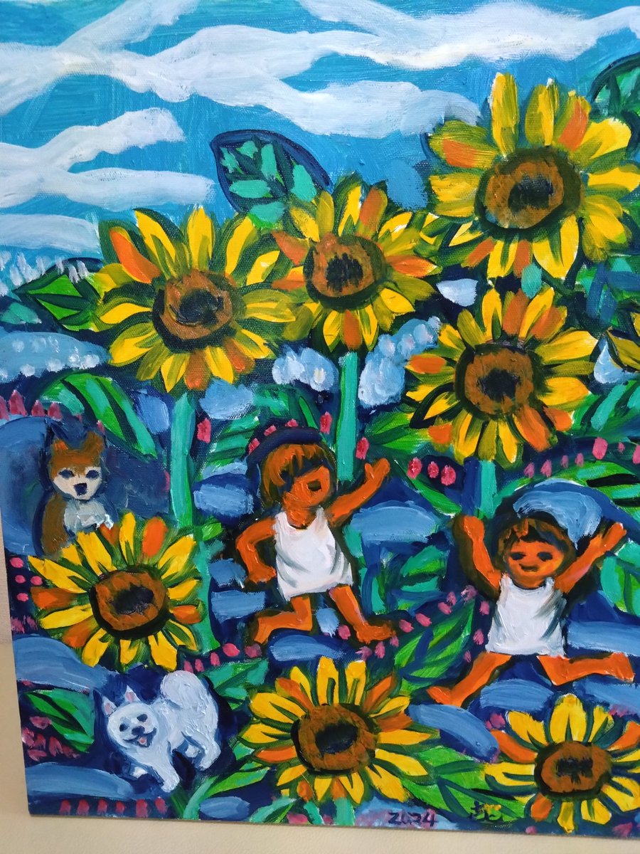 ひさしぶりの晴れ。コロ助とゆっくり散歩。いいなー！家のヒマワリ