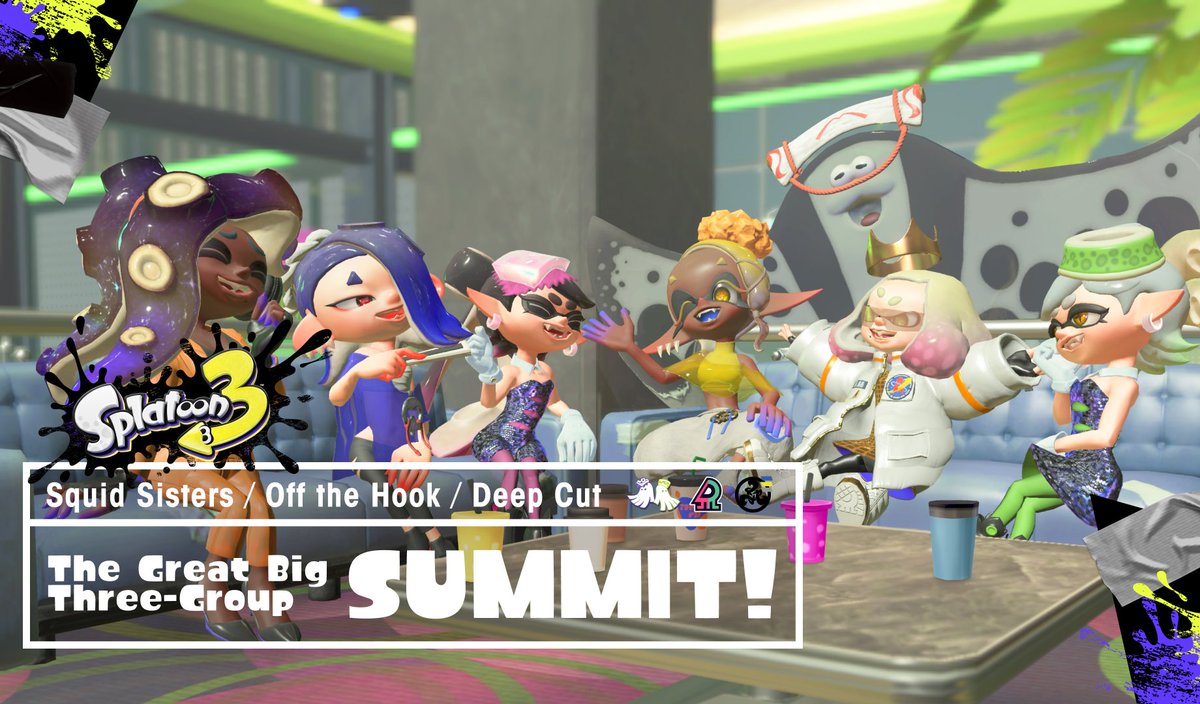 SplatoonNA's tweet photo. SRL Newsroom here with an exclusive interview, hot off the press!
We’ve seen the Squid Sisters, Off the Hook, and Deep Cut groups pair up now and then, but this time they've come together for a jumbo-sized interview with all seven members. 

Check it out: https://t.co/FxYqyQzBGX https://t.co/z7XJEfVzdk