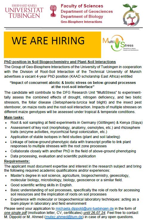 Michaela A. Dippold (@michaeladippold) on Twitter photo POSITION ALERT: we (#GeoBioInteractions Group & <a href="/MutezAhmed/">Mutez Ali Ahmed</a>) are searching for a PhD student on the basis of a KAAD scholarship from East Africa, interested in root soil interactions. Any offer is subject to funding confirmation of the project MultiStress, but search starts now! POSITION ALERT: we (#GeoBioInteractions Group & <a href="/MutezAhmed/">Mutez Ali Ahmed</a>) are searching for a PhD student on the basis of a KAAD scholarship from East Africa, interested in root soil interactions. Any offer is subject to funding confirmation of the project MultiStress, but search starts now!