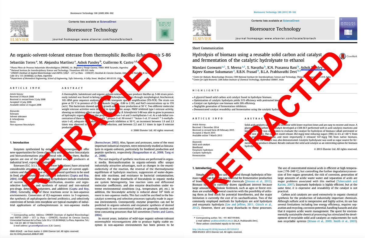 Spottingthespot's tweet photo. Finally! One Elsevier journal woke up! Bioresource Technology is kicking ass. Their former EIC, Ashok Pandey, a big time #fraud, #papermill author and corrupt editor from @CSIR_IITR is losing papers en mass! At least 10 retractions! This is how it should be done! https://t.co/1UxkD22Rev