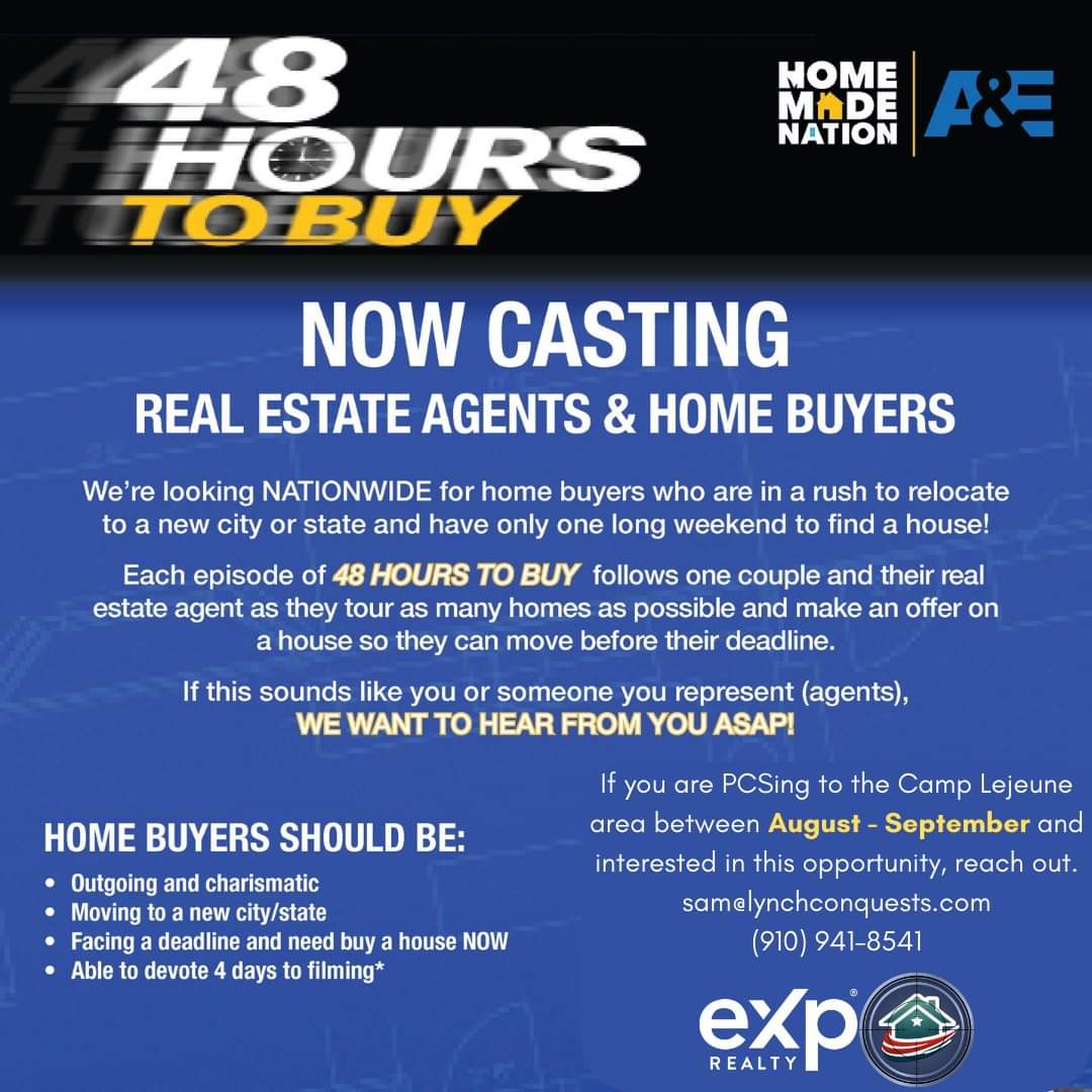 SamLynchRealtor's tweet image. #PCSing to #CampLejeune between August and September and wanna be on TV? Hit me up for a chance of an all expense paid for trip to the area to film #48HoursToBuy on #AE.