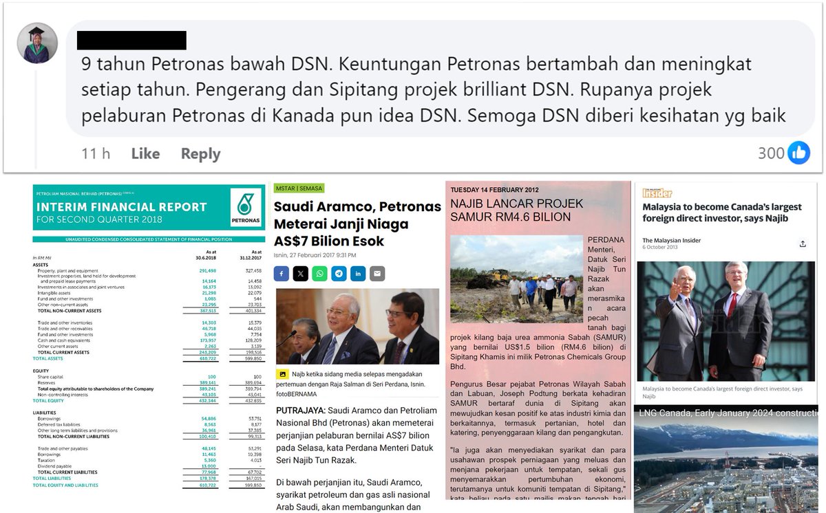 Betul.

1.  Jumlah Aset Petronas naik RM449b (256%) dalam tempoh 9 tahun Najib  banding kenaikan RM185.6b (30.4%) dalam tempoh 6 tahun selepas Najib

Jumlah Ekuiti (aset bersih) naik RM318b (278%) dlm tempoh 9 tahun Najib banding kenaikan RM62b (14.3%) dlm 6 tahun selepas Najib