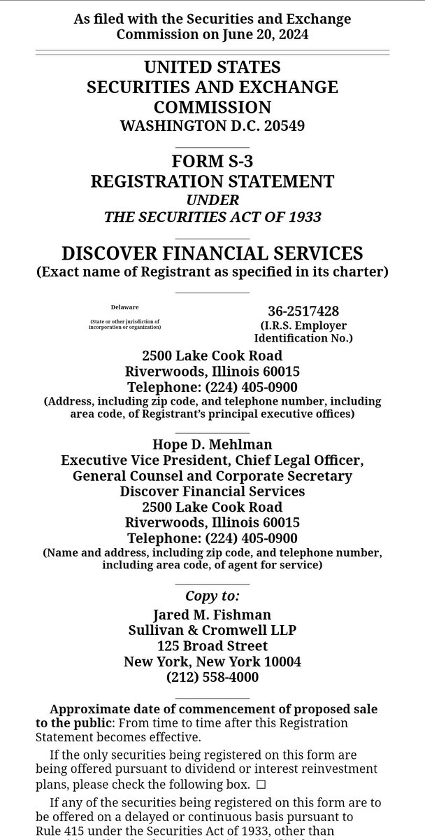 BobbyCat42's tweet image. $DFS Discover Financial Services S-3 filed 6/20/24 for:

 Senior Debt Securities

Subordinated Debt Securities

Common Stock

Preferred Stock

Depositary Shares

Stock Purchase Contracts

Stock Purchase Units

Warrants

Hybrid Securities Combining Elements of the Foregoing…