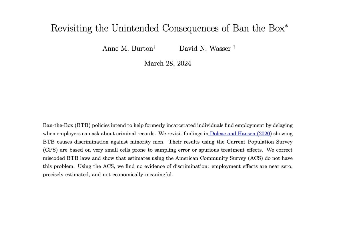 JohnHolbein1's tweet image. Ban the box may not actually lead to discrimination against minority men. 

annemburton.com/pages/working_…
