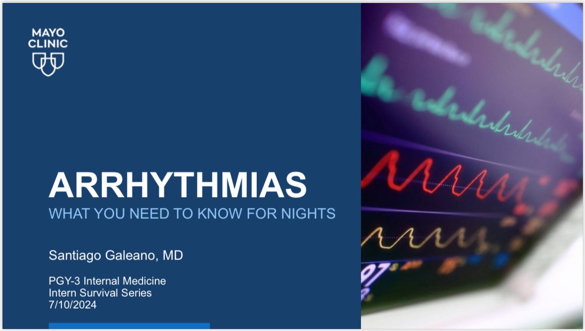 Gave a presentation on arrhythmias🫀as part of the intern survival series at <a href="/MayoFL_IMRES/">Mayo Clinic Internal Medicine Residency - Florida</a>! 

As PGY-3 residents, we have the opportunity to give talks on high yield topics to the new interns starting inpatient rotations 🤓