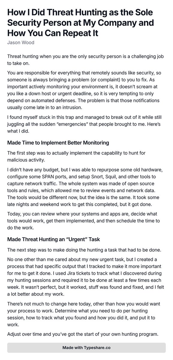 Jason_Wood's tweet photo. Threat hunting is challenging to take on when you are the only security person, but it can be done. It takes some heavy lifting in the beginning, then you are able to put it to work and make improvements over time. https://t.co/xr5Mj4zDCm