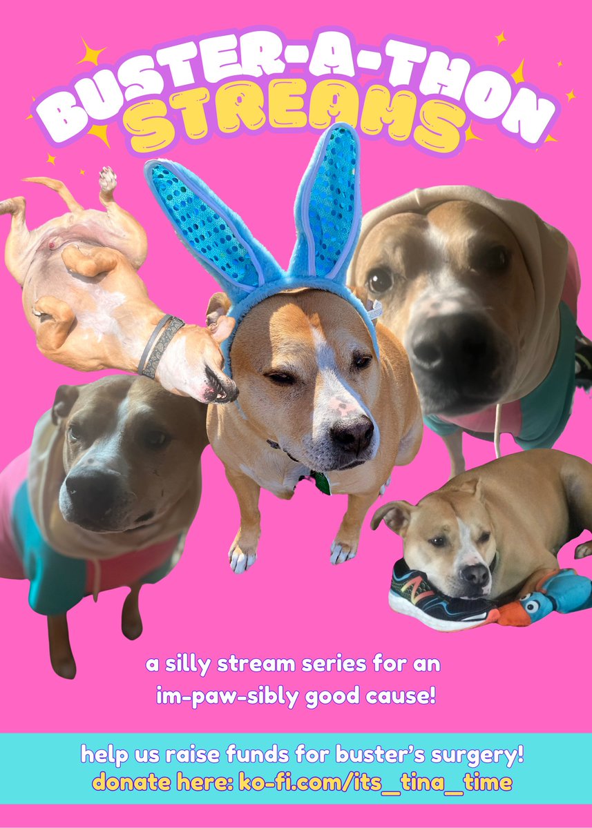kelatonin's tweet photo. #BusterAThon! Today's the start of a stream series with the goal of raising money for Buster, @Its_Tina_timeVO's dog! Tina has major surgery coming up, &amp; so does Buster, so we're trying to raise some $ so that Tina can have a proper recovery period post-surgery &amp; doesn't feel(..) https://t.co/8tGcVoqE1s
