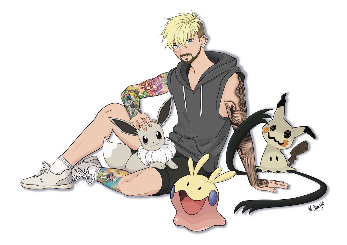 New commission piece drawn by my friend of me and my favourites ✨🖤. #art #pokemon #pokemonart #eevee #mimikyu #goomy #tattoos