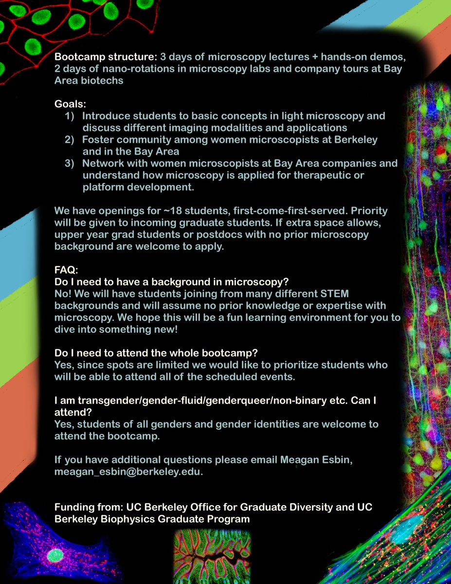 I am super excited to be running the Cal Women in Imaging Bootcamp again this year! If you missed us last time, sign up now - it's such a fun way to build community at the beginning of grad school and learn more about microscopes and careers along the way! 🔬👩‍🔬🌈 Link below 👇