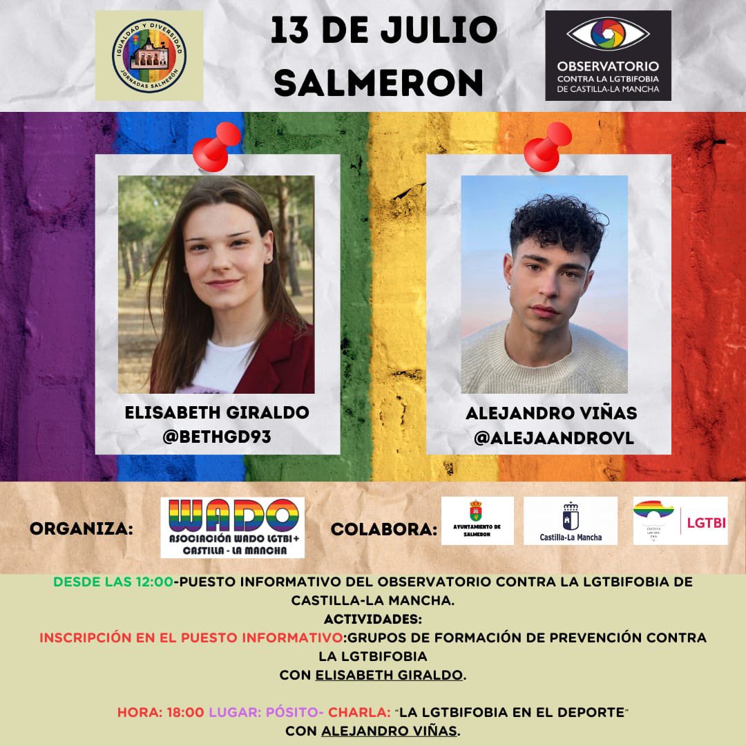 Este sábado 13 de julio en #Salmerón estaremos con el <a href="/ObsClmLGTBI/">Observatorio contra la LGTBIfobia de CLM</a> von mesa informativa, formación y una charla de <a href="/alejaandrovl/">Alex</a> sobre #LGTBIfobia en el #Deporte