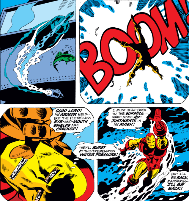 MarvelADay's tweet photo. #MarvelADay #IM68 Upon arrival at the lair, Shell-Head is greeted with a torpedo to the face that fractures the plexiglass covering his eyes &amp; mouth. He retreats to make one of the silliest changes to the armor in its history. - crs https://t.co/TQflokH03N