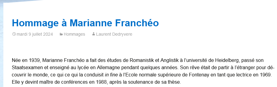 Je découvre avec retard et tristesse le décès de Mme Franchéo...
Au cours des discussions à Fontenay, on s'était découvert un point commun inattendu: son ex-mari était un ancien prêtre, mon père était un ancien prêtre - et leurs chemins respectifs s'étaient croisés à Moissac.