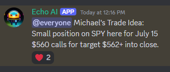 SuperLuckeee's tweet photo. SPY options ripped 500%-1000% today:

This is for STUDYING pull backs and reversals for SPY. At 12:16pm EST I made this alert in the community.

(Why did I switch the expiry dates from July 19 to July 15? And why am not choosing the July 12 expiry?) https://t.co/GA9jtbaeW6