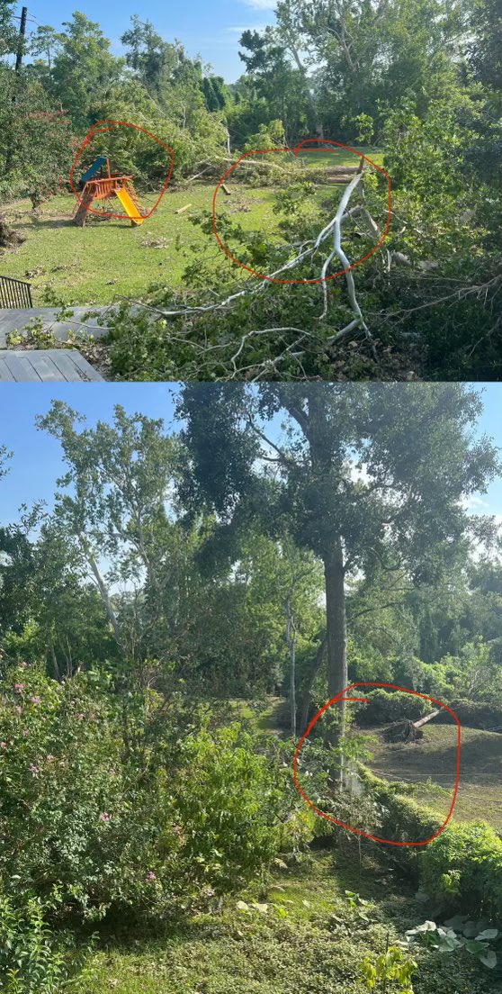 KatemDewitt's tweet photo. @CenterPoint multiple trees are down across transmission lines in our backyard, touching the ground, a structure, and a metal fence. An #Osmose utility services rep told us this was the most dangerous situation they had seen and assured it would be escalated. No one from @CenterPoint has yet to call or stop by…now the transmission lines are smoking (thanks to @MVPDTX for responding so quickly), requiring @CenterPoint to secure the live lines. #Beryl #downwires #hazard #Riverbend #MemorialVillages #CenterPointless #JasonWells @ElonMusk @GregAbbott_TX @HoustonChron @KHOU @whitmire_john @abc13houston @KPRC2Amy @miyashay