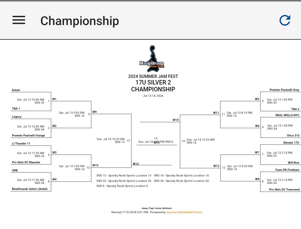 Game schedule with bracket (Hoop Group Summer Jam Fest @ Spooky Nook )