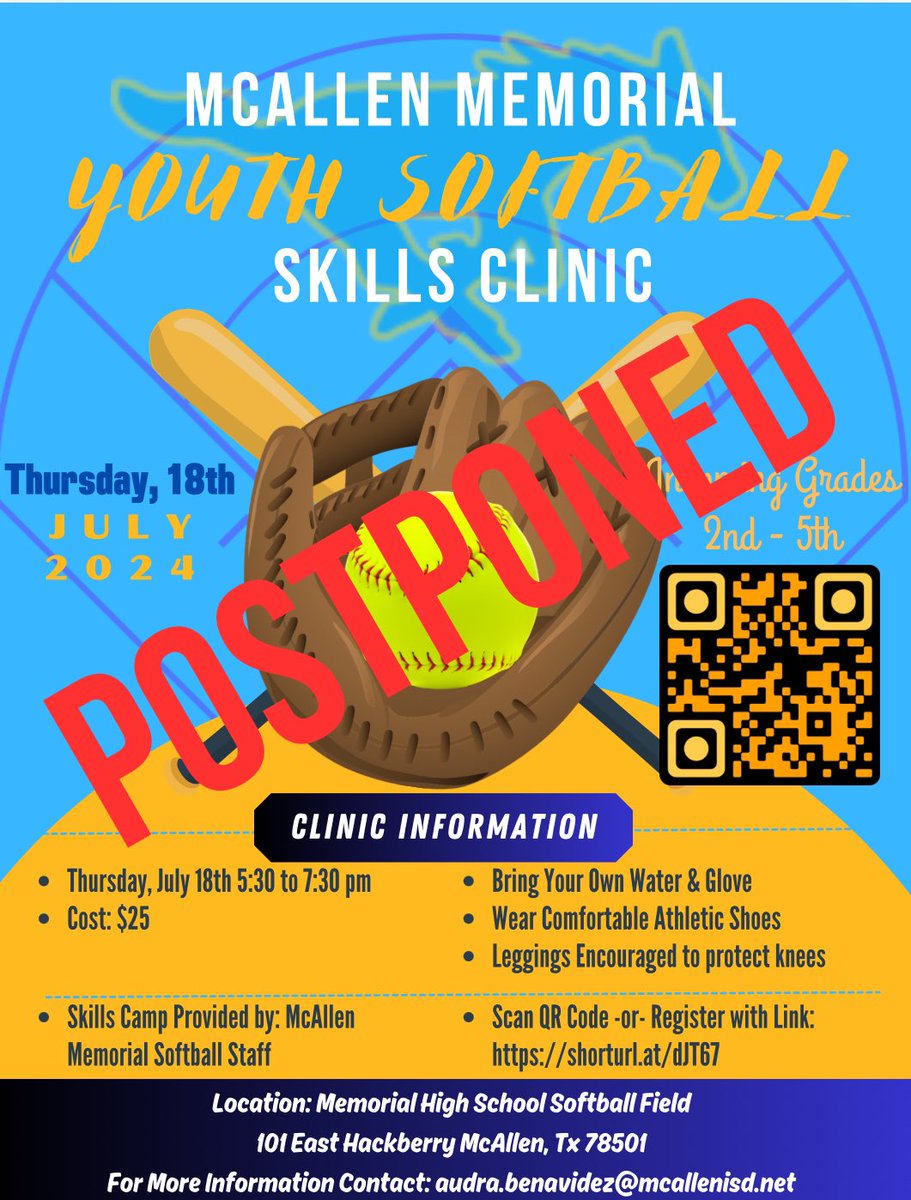 🚨Update🚨 

Due to the PONY Softball International World Series happening 7/17–7/21 in McAllen, Mustang Softball Skills Camp for incoming 2nd — 5th graders has been POSTPONED.We will release the new date as soon as possible! We apologize for the inconvenience. <a href="/McAllenMemorial/">Memorial High School</a>