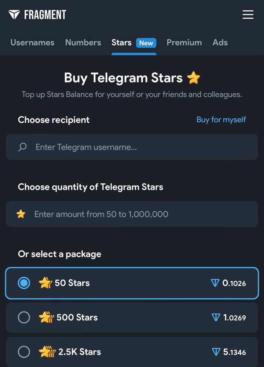 Buy Telegram Stars now at Fragment with $TON. Stars are Telegram's non-crypto currency which can be used for mini-app game purchases and even transferrable to friends! Stars are new but I think we'll be seeing a lot more of them in the near future. 
fragment.com/stars