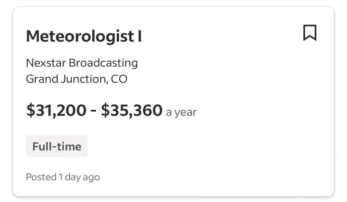 MatthewCappucci's tweet image. Before taxes this is $2,600 a month. After taxes, $2,182 a month. 

The median rent for a 1 bedroom in Grand Junction is $1,625. Let’s say utilities/phone/gas are $200/month. 

You have a BS degree and live on $89.25/week. 

Shame on Nexstar. Internships pay more. D
Embarrassing.