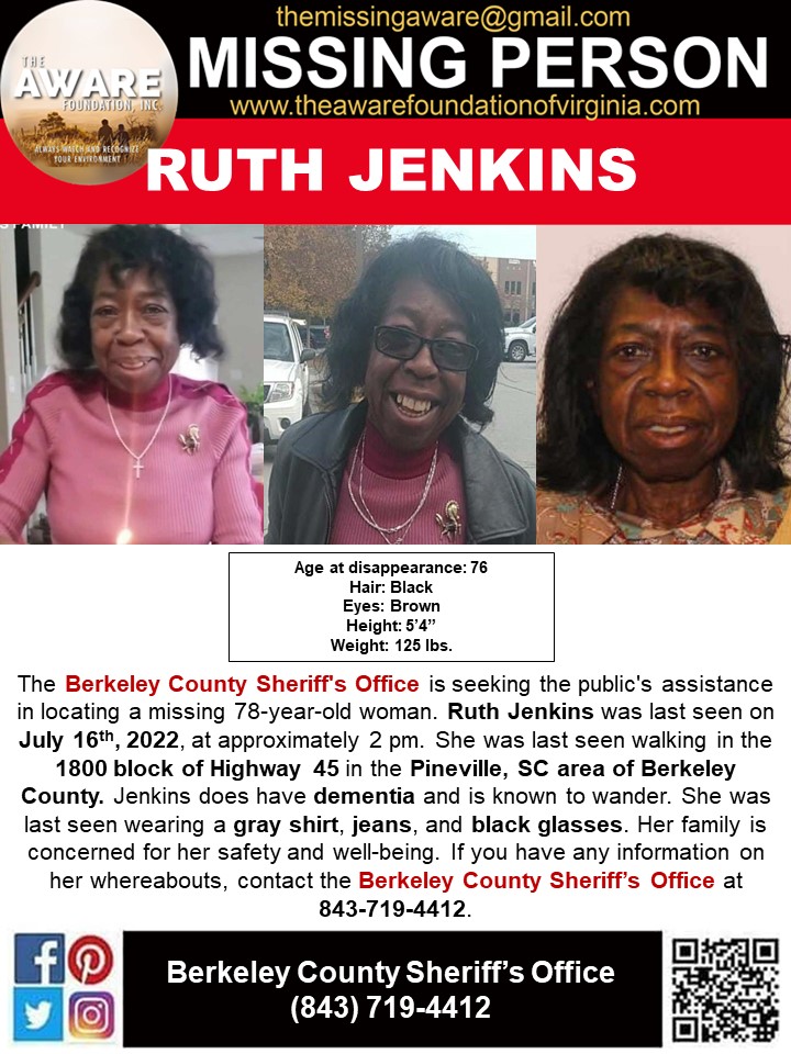 aware_the's tweet photo. ***MISSING*** PINEVILLE, SC
The Berkeley County Sheriff's Office is seeking the public's assistance in locating a missing 78-year-old woman. Ruth Jenkins was last seen on July 16th, 2022, at approximately 2 pm. She was last seen walking in the 1800 block of Highway 45 in the Pineville, SC area of Berkeley County. Jenkins does have dementia and is known to wander. She was last seen wearing a gray shirt, jeans, and black glasses. Her family is concerned for her safety and well-being. If you have any information on her whereabouts, contact the Berkeley County Sheriff's Office at 843-719-4412.
#RuthJenkins #MissingInSC #pinevillesc #BerkeleyCountySC #TheAWAREFoundation