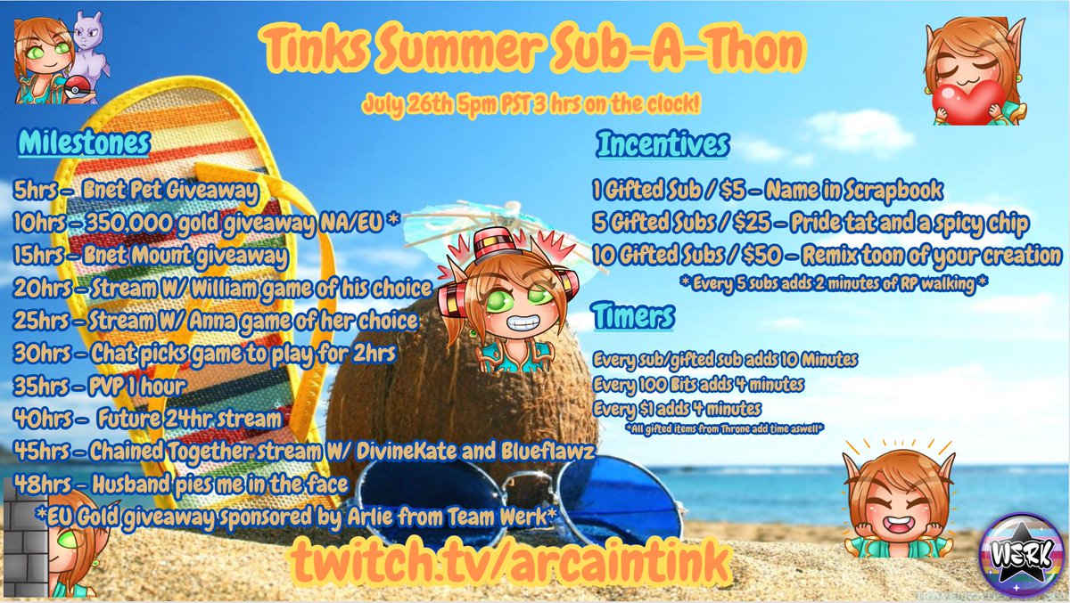 Happy to Announce Tink's Summer Sub-A-Thon!

Starting July 26th at 5pm PST I will go live for a 48hr capped Sub-A-Thon!

All Gifted Subs, All Bits, All Dono's and any gifts from Throne add time to the clock! 

See you after Vacation to get hyped for the Sub-A-Thon!