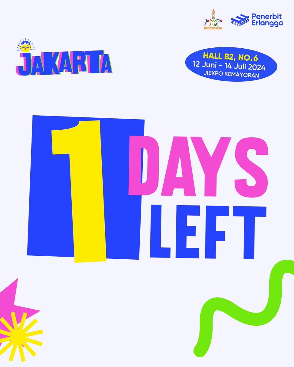 1 HARI LAGI SEBELUM PENUTUPAN JAKARTA FAIR KEMAYORAN 2024! 📣🗣
Yuk, datang ke Booth Penerbit Erlangga di Hall B2 No. 6 Jakarta Fair, di Arena JIEXPO Kemayoran.
#ErlanggadiJakartaFair