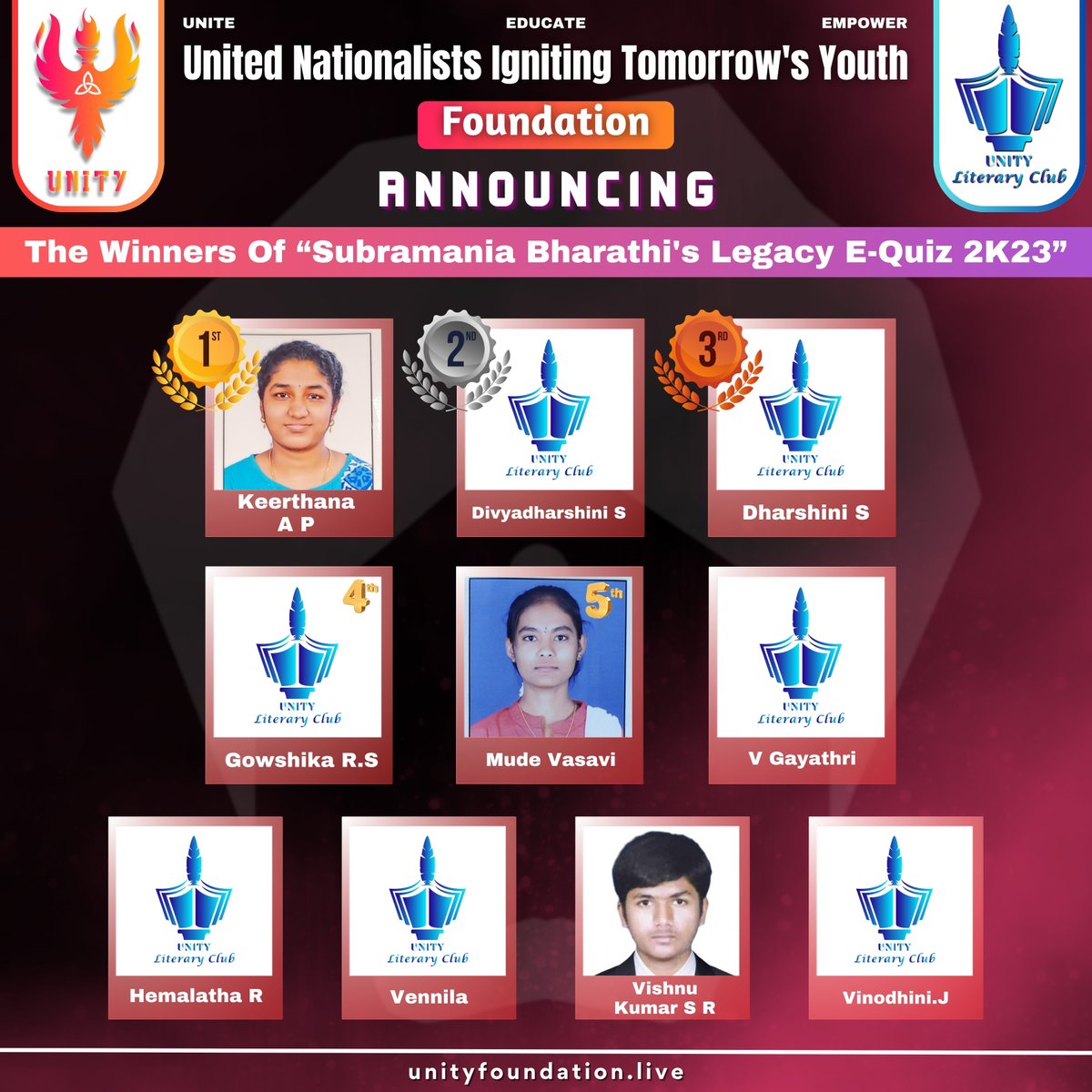 Unity_Offic's tweet photo. Celebrating Excellence at “ULC’s Subramania Bharathi's Legacy E-Quiz 2K23”

We're thrilled to announce the top 10 rank holders who outshone in the “ULC’s Subramania Bharathi's Legacy E-Quiz 2K23!” Congratulating the bright minds for their exceptional performance. #UNITYFoundation https://t.co/PpCjHmQgD6