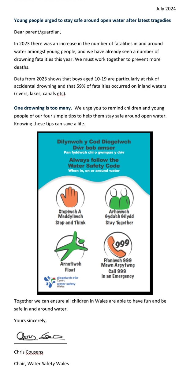 Please see letter regarding safety near open water. Please take care in these areas.