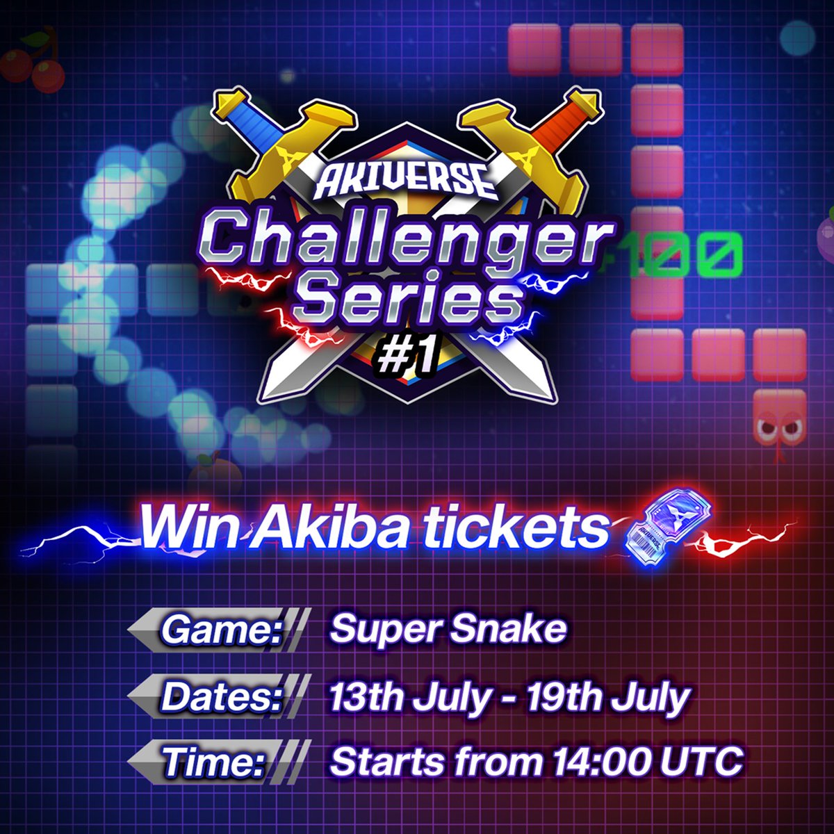 🎮 #AKIVERSE チャレンジャーシリーズ #1 が始まります！🎮

スーパースネークをプレイして、Terasを集め、上位10名に入りましょう！AKIBAチケットがゲットできるチャンスです！🎟️

参加は無料！トーナメントは7月13日14:00 UTCから7月19日まで開催されます。

アプリから今すぐ参加🚀