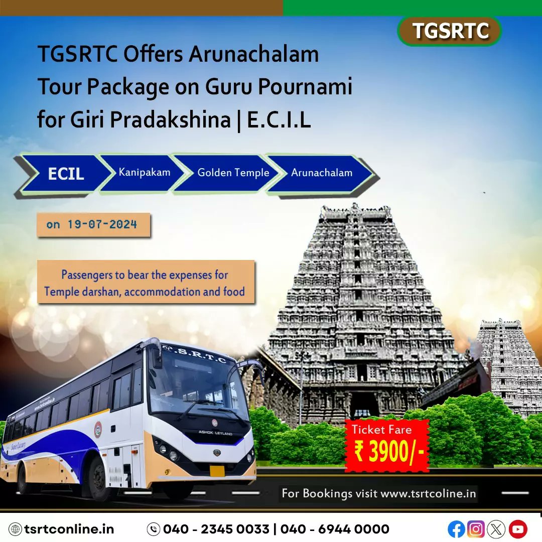 Rm RangareddyRegion TSRTC (@rmrrtsrtc) on Twitter photo TGSRTC offers arunachalam tour package on GURU POURNAMI for giri pradakshina from MGBS | ECIL on 19th july2024 for this package ticket fare only Rs/-3700 only.We hope you can use our services, for booking visit www.tsrtconline.
<a href="/RMRRTSRTC/">Rm RangareddyRegion TSRTC</a>
#arunachalam
instagram.com/p/C9VOH_VTnpe/… TGSRTC offers arunachalam tour package on GURU POURNAMI for giri pradakshina from MGBS | ECIL on 19th july2024 for this package ticket fare only Rs/-3700 only.We hope you can use our services, for booking visit www.tsrtconline.
<a href="/RMRRTSRTC/">Rm RangareddyRegion TSRTC</a>
#arunachalam
instagram.com/p/C9VOH_VTnpe/…