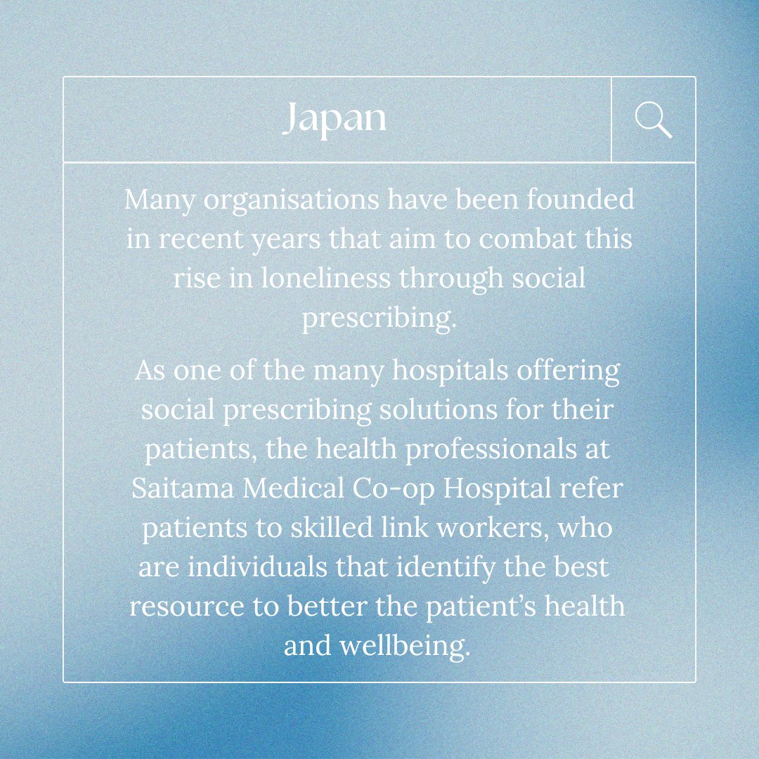 yourAMSAspsc's tweet photo. For our next location in our 'Social Prescribing around the world' series we are looking at Japan! Read through the slides to see what Japan does to address one of their biggest problems: social isolation. #socialprescribing https://t.co/mdupOFniDw