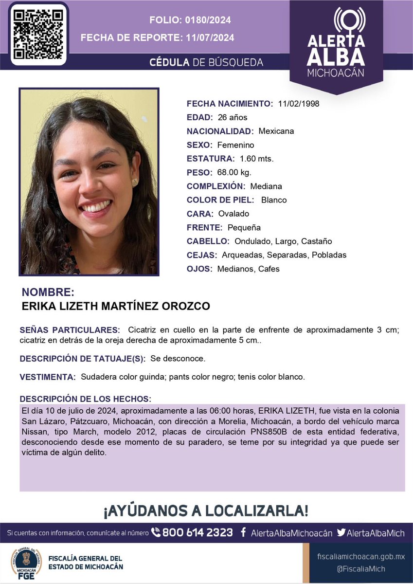 Desaparecidos Guanajuato (@desapgto) on Twitter photo #TeBuscamos Erika Lizbeth Martinez Orozco, te desaparecieron en Pátzcuaro, Michoacán, el 10/07/2024 || <a href="/Busqueda_MX/">Comisión Nal. de Búsqueda Mx</a> <a href="/CNDH/">CNDH en México</a> || <a href="/ARBedolla/">Alfredo Ramírez Bedolla</a> <a href="/FiscaliaMich/">Fiscalía General de Michoacán</a> <a href="/BusquedaMich/">Comisión de Búsqueda de Personas Michoacán</a> #TeBuscamos Erika Lizbeth Martinez Orozco, te desaparecieron en Pátzcuaro, Michoacán, el 10/07/2024 || <a href="/Busqueda_MX/">Comisión Nal. de Búsqueda Mx</a> <a href="/CNDH/">CNDH en México</a> || <a href="/ARBedolla/">Alfredo Ramírez Bedolla</a> <a href="/FiscaliaMich/">Fiscalía General de Michoacán</a> <a href="/BusquedaMich/">Comisión de Búsqueda de Personas Michoacán</a>
