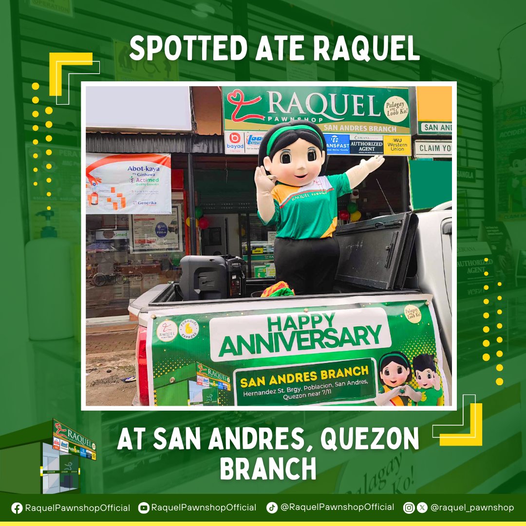 Spotted in San Andres, Quezon!
Saan naman kaya next destination ni Ate Raquel, abangan mga Raquelistas!

Dahil sa Raquel Pawnshop Palagay ang Loob Ko!

#RaquelPawnshop #PalagayAngLoobKo #RPIServingCommunities