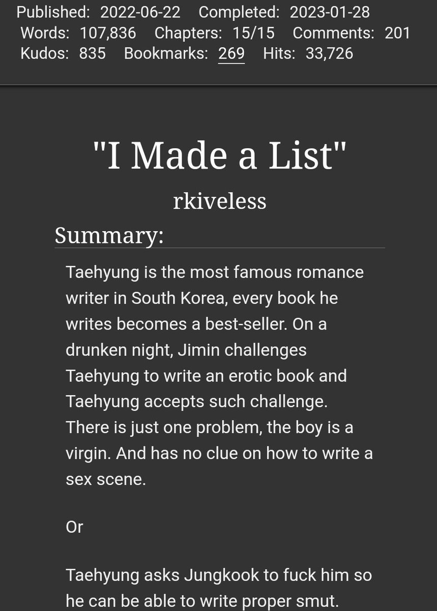 kookvficrec's tweet photo. ⋆｡°✩ "I Made a List" | rkiveless • @rkiveless

⤖ explicit, kv • 107,836

⤖ fwb to lovers
⤖ first times • pining • dom/sub undertones • kinks • p0rn with feelings 
⤖ music producer Jungkook • writer Taehyung 

— • https://t.co/esW8E01yXe https://t.co/plIHwGKClg