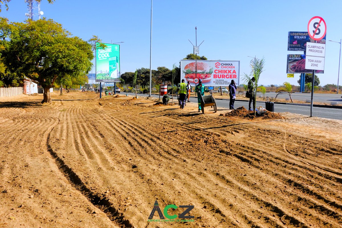 Airports_Zim's tweet photo. Buckle up with @Airports_Zim, excitement's on route! Essential landscaping &amp;roadworks began on Airport Road &amp; inside RGMI airport premises. It's a smooth transition with ACZ for stellar airports. The Beautification Exercise unifies standards with the upgraded interior aesthetics. https://t.co/anQyI3r7AR