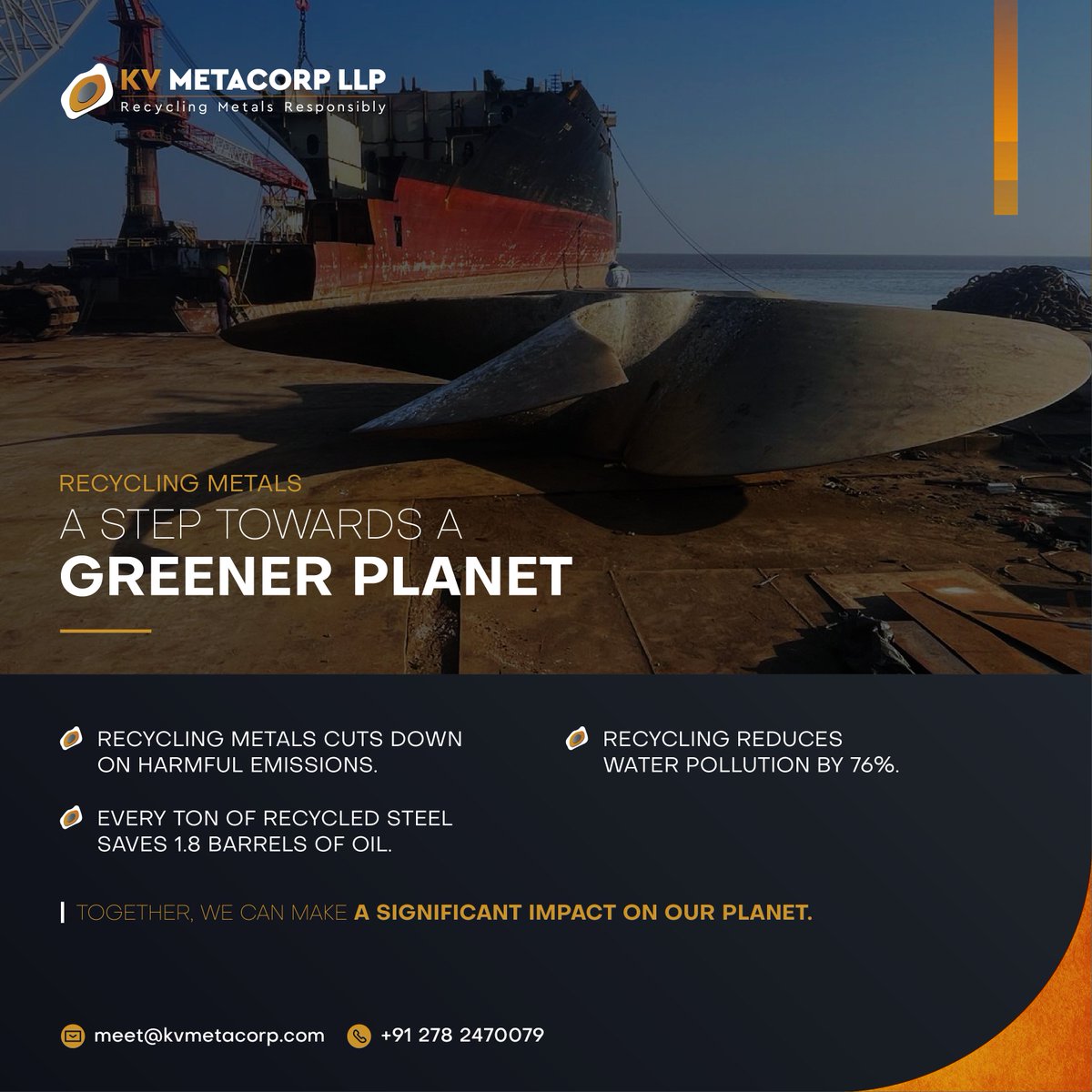 kvmetacorp's tweet photo. Every ton of recycled steel saves 1.8 barrels of oil and reduces water pollution by 76%. Together, we can make a significant impact on our planet.
🌐 https://t.co/E9ssed3UcQ 
✉️ meet@kvmetacorp.com
📞 +91 278 2470079
#GreenPlanet #MetalRecycling #SustainableFuture #KVMetacorp https://t.co/DsXFgm7J7O