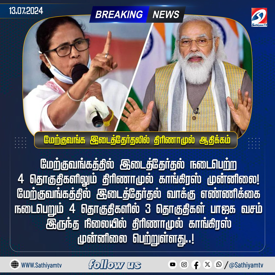 sathiyamnews's tweet photo. மேற்குவங்கத்தில் இடைத்தேர்தல் நடைபெற்ற 4 தொகுதிகளிலும் திரிணாமுல் காங்கிரஸ் முன்னிலை..!
#sathiyamtv #sathiyamnews #TMC #mamthabanergi #bjp #modipm https://t.co/pA8l6Mkxb5