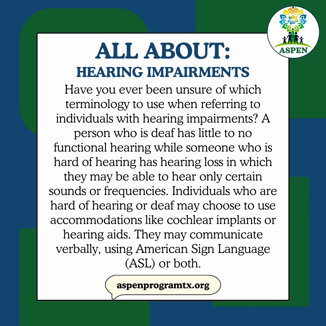 ASPENProgramTX's tweet image. Check out our website: aspenprogramtx.org

Visita nuestra página web: aspenprogramtx.org/es

#Deaf #Deafness  #HearingLoss #HearingImpairments #AmericanSignLanguage #ASL #HearingAids #Sordo  #DificultadAuditiva #PérdidaDeAudición #DefectosDeAudición #LenguajeDeSeñas