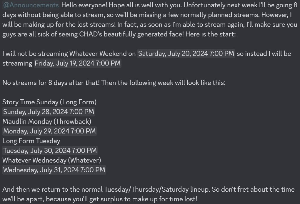 miketropolis's tweet photo. Some life stuff is happening, so there are a few changes to the stream schedule! These times are listed in EST and will only affect any streams happening between July 19th and July 31st, but afterward I should be back to the normal stream schedule! https://t.co/tywXtOyV17