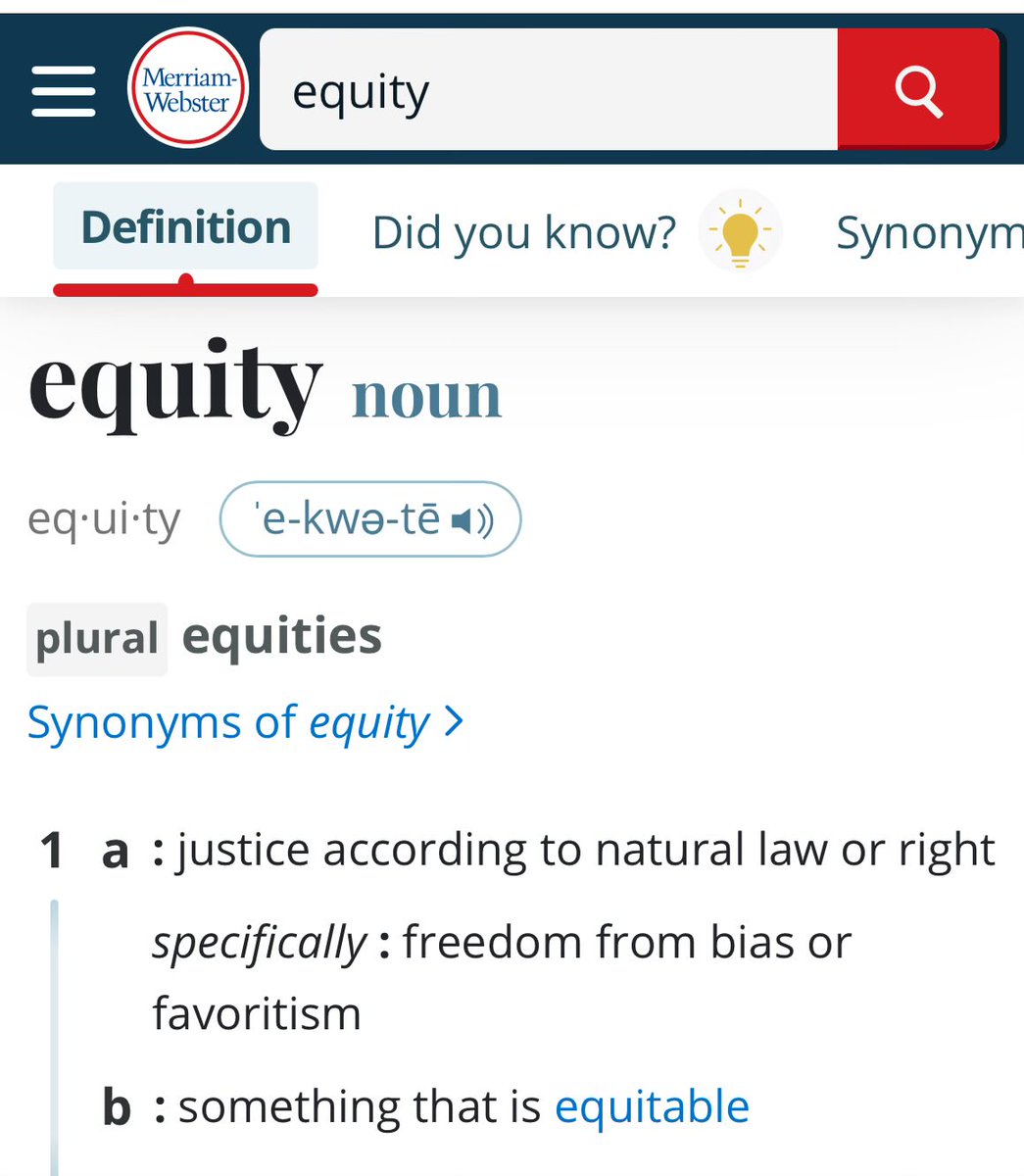 VandaleJanet's tweet photo. @chimpo_j @atypicalalbertn @ryanjespersen Really?? B/c to me, equity means levelling the playing field before the game begins. Looks like merriam webster agrees. https://t.co/NibhaE8oJA