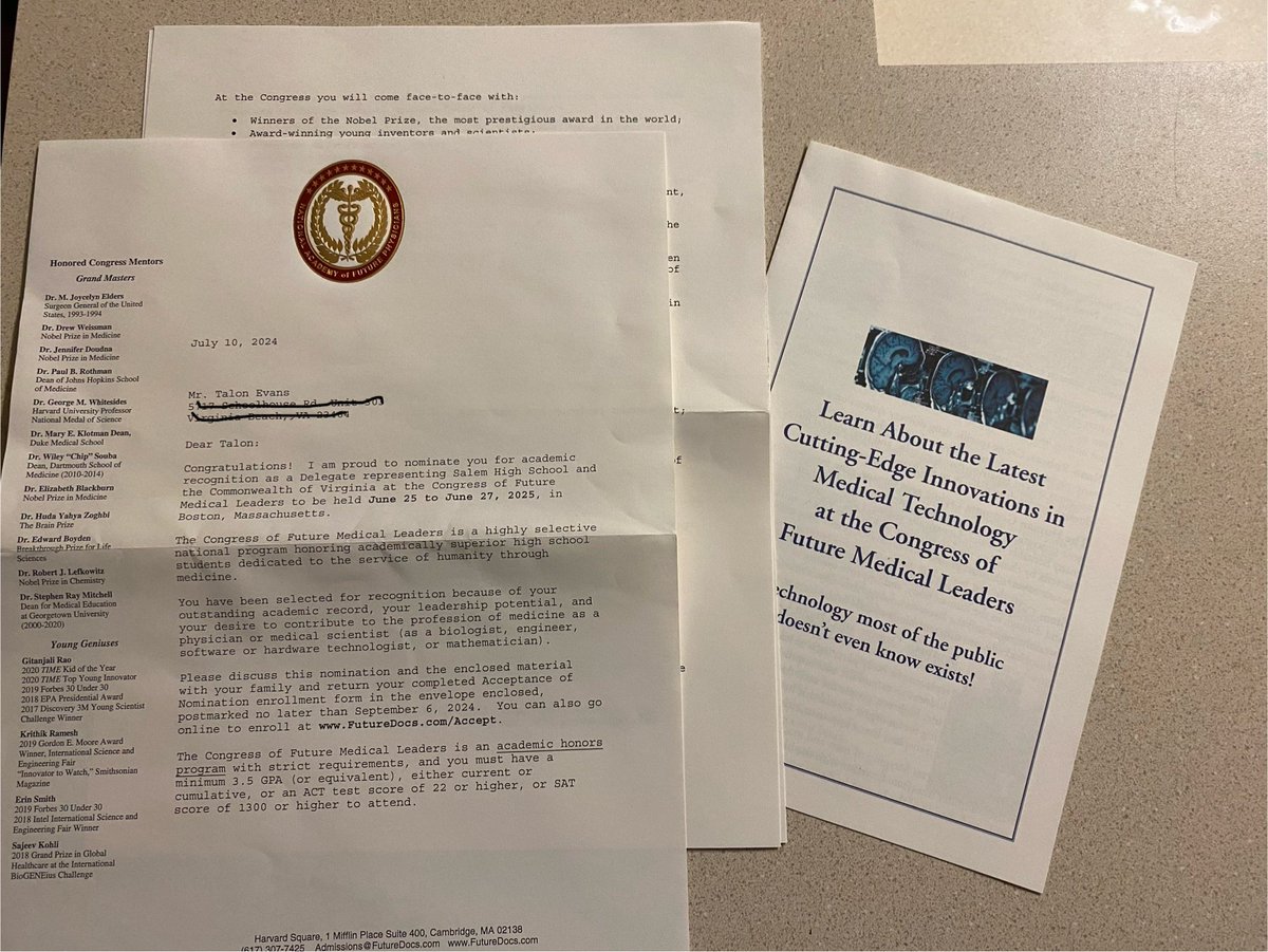 TalonEvans78's tweet photo. Beyond Blessed to receive a delegate nomination, to represent Salem High School at the Congress of Future Medical leaders and Physicians 👨🏾‍⚕️🤍
@FutureDocsNow
@SalemHSVB

#AGTG✝️
#FutureDoc https://t.co/HSQX4Tzbyz